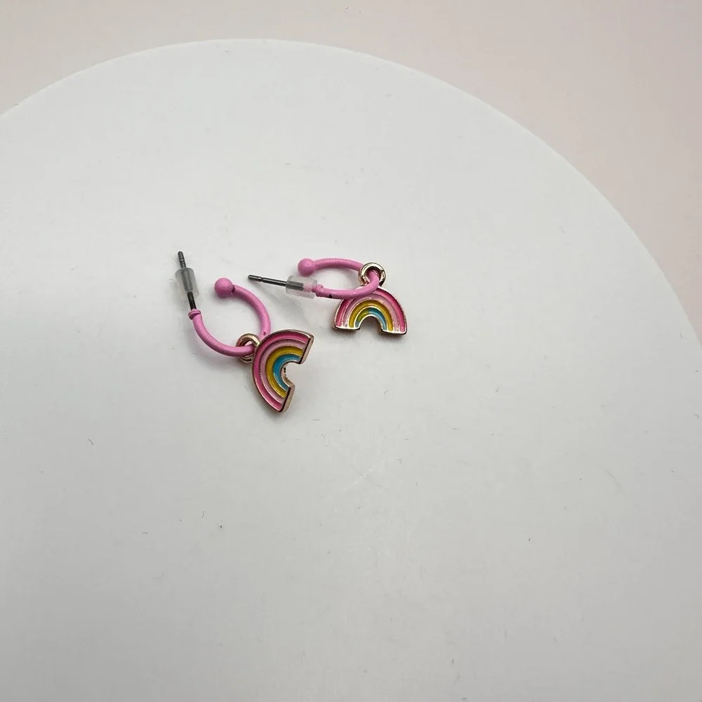Vintage 90s Rainbow Hoop Earrings Pink Enamel Gold Tone Dangle Fashion Jewelry